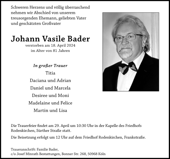 Anzeige von Johann Vasile Bader von Kölner Stadt-Anzeiger / Kölnische Rundschau / Express