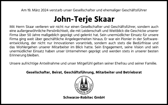 Anzeige von John-Tejre Skaar von Kölner Stadt-Anzeiger / Kölnische Rundschau / Express