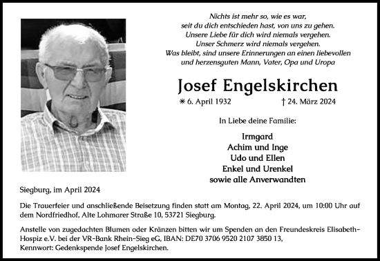 Anzeige von Josef Engelskirchen von Kölner Stadt-Anzeiger / Kölnische Rundschau / Express