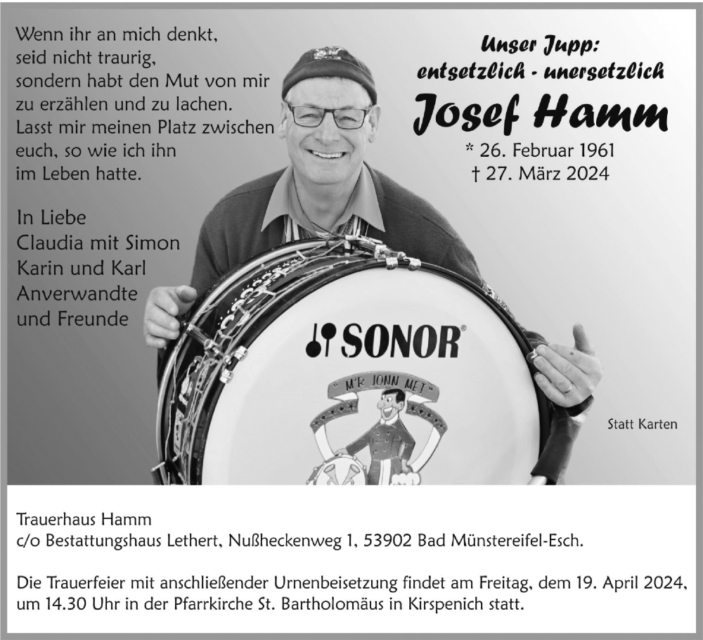  Traueranzeige für Josef Hamm vom 06.04.2024 aus  Blickpunkt Euskirchen 
