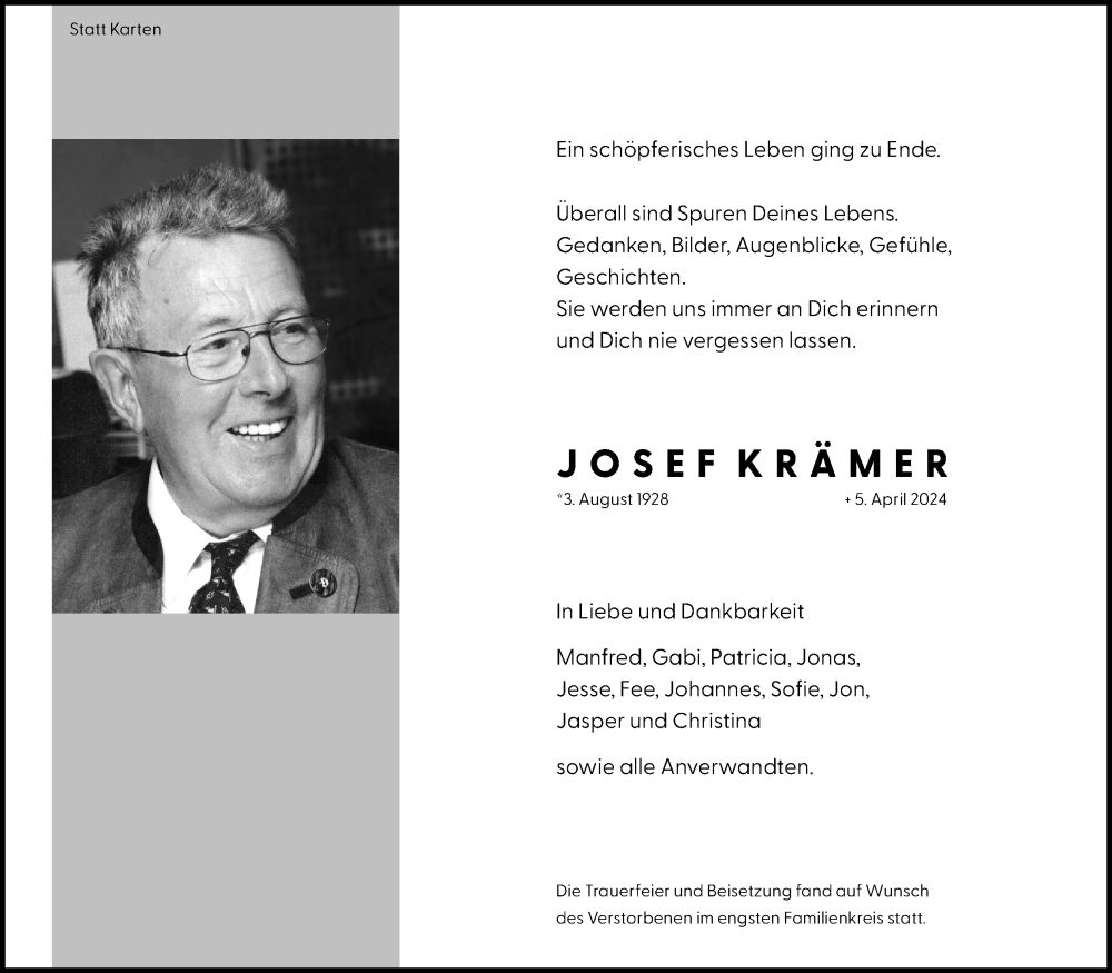  Traueranzeige für Josef Krämer vom 13.04.2024 aus Kölner Stadt-Anzeiger / Kölnische Rundschau / Express