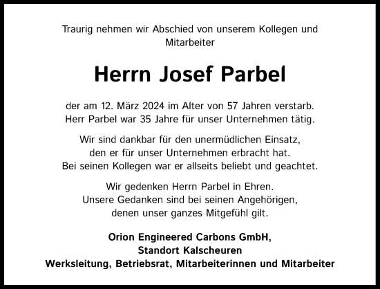 Anzeige von Josef Parbel von Kölner Stadt-Anzeiger / Kölnische Rundschau / Express