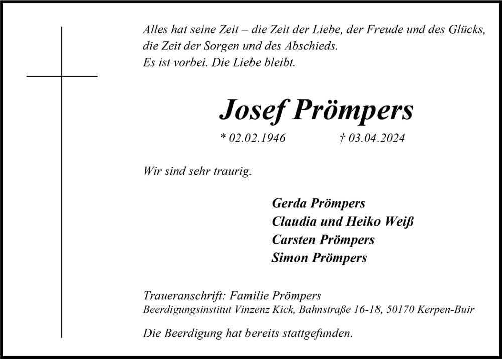  Traueranzeige für Josef Prömpers vom 19.04.2024 aus  Werbepost 
