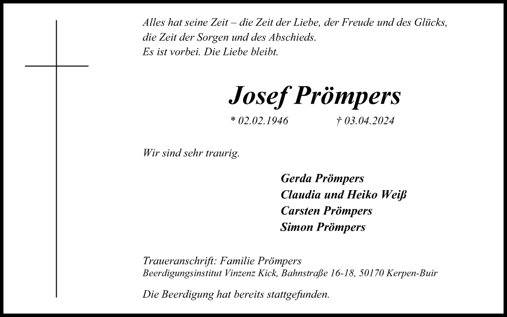  Traueranzeige für Josef Prömpers vom 20.04.2024 aus Kölner Stadt-Anzeiger / Kölnische Rundschau / Express