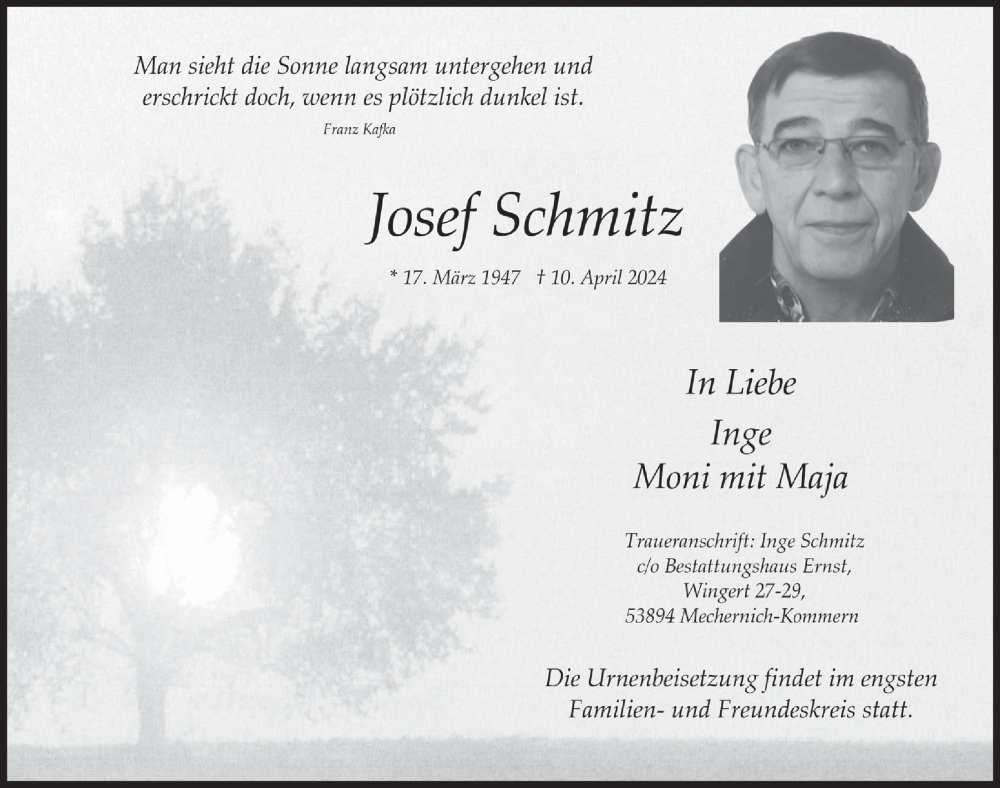  Traueranzeige für Josef Schmitz vom 13.04.2024 aus  Blickpunkt Euskirchen 