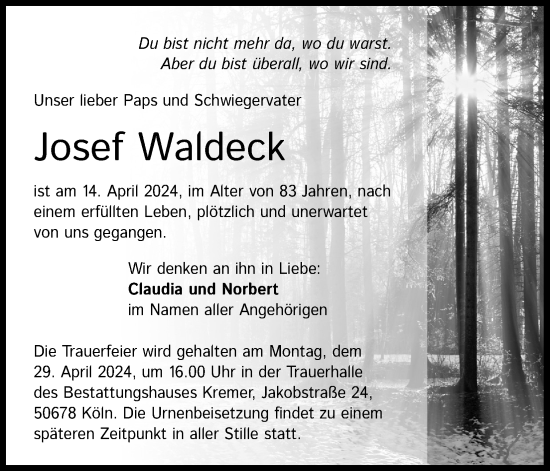 Anzeige von Josef Waldeck von Kölner Stadt-Anzeiger / Kölnische Rundschau / Express