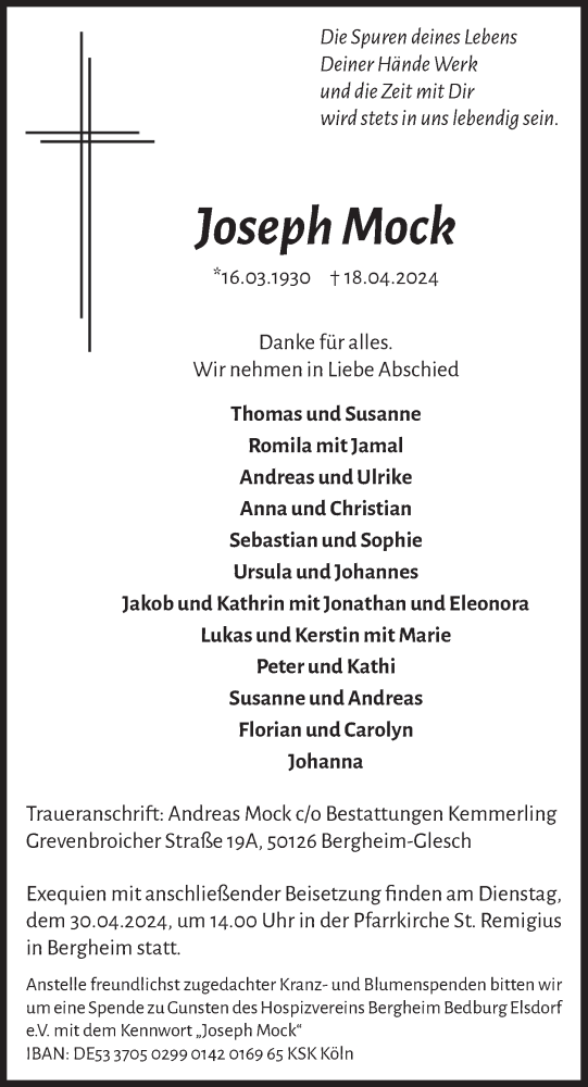  Traueranzeige für Joseph Mock vom 26.04.2024 aus  Werbepost 
