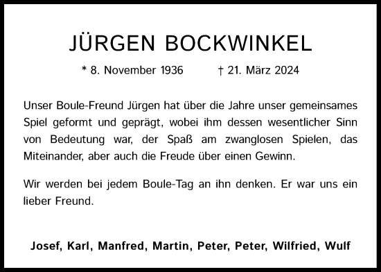 Anzeige von Jürgen Bockwinkel von Kölner Stadt-Anzeiger / Kölnische Rundschau / Express