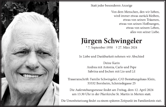 Anzeige von Jürgen Schwingeler von  Schaufenster/Blickpunkt  Schlossbote/Werbekurier 