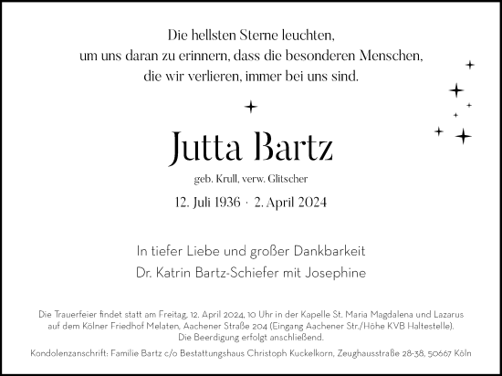 Anzeige von Jutta Bartz von Kölner Stadt-Anzeiger / Kölnische Rundschau / Express