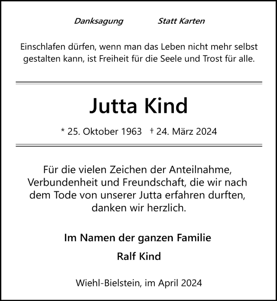  Traueranzeige für Jutta Kind vom 26.04.2024 aus  Anzeigen Echo 