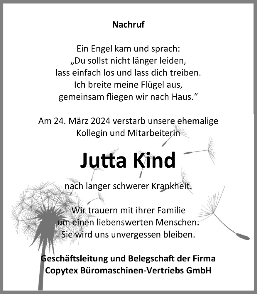  Traueranzeige für Jutta Kind vom 12.04.2024 aus  Anzeigen Echo 