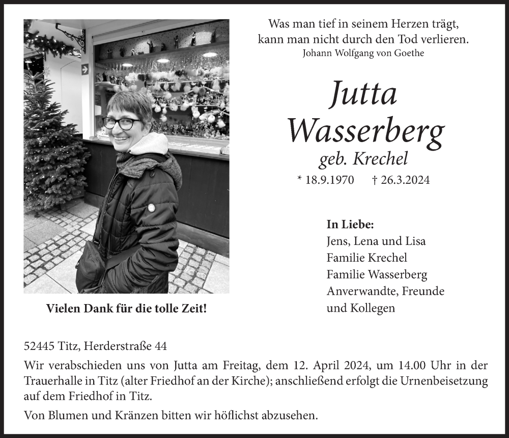  Traueranzeige für Jutta Wasserberg vom 05.04.2024 aus  Werbepost 