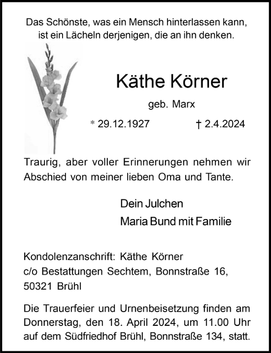 Anzeige von Käthe Körner von  Schlossbote/Werbekurier 