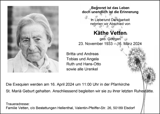 Anzeige von Käthe Vetten von  Werbepost 