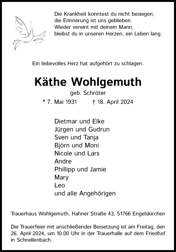  Traueranzeige für Käthe Wohlgemuth vom 24.04.2024 aus Kölner Stadt-Anzeiger / Kölnische Rundschau / Express