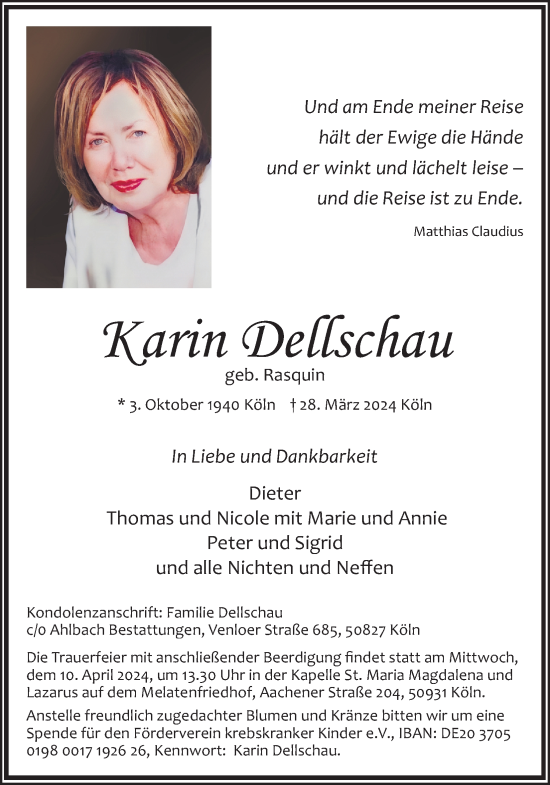 Anzeige von Karin Dellschau von Kölner Stadt-Anzeiger / Kölnische Rundschau / Express