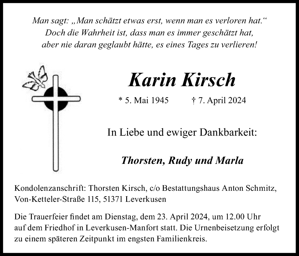  Traueranzeige für Karin Kirsch vom 17.04.2024 aus Kölner Stadt-Anzeiger / Kölnische Rundschau / Express