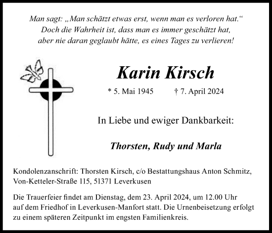 Anzeige von Karin Kirsch von Kölner Stadt-Anzeiger / Kölnische Rundschau / Express