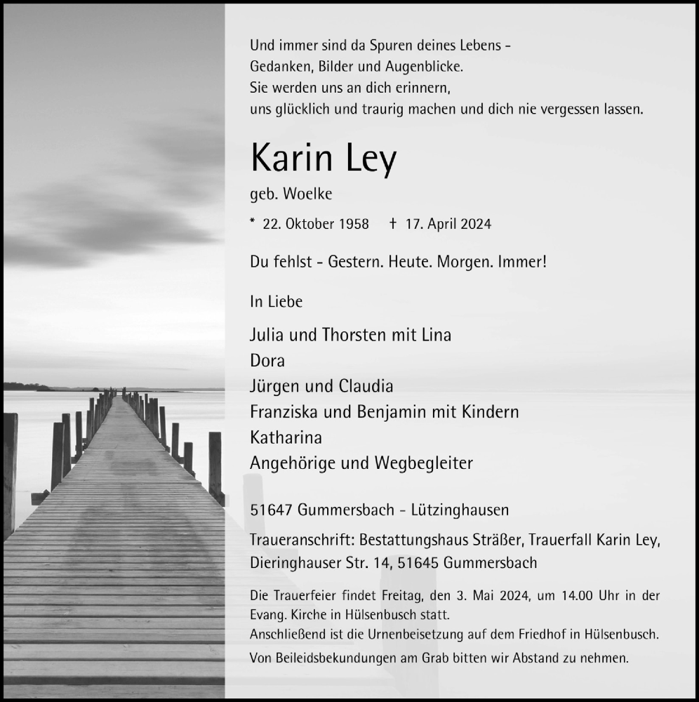  Traueranzeige für Karin Ley vom 26.04.2024 aus  Anzeigen Echo 