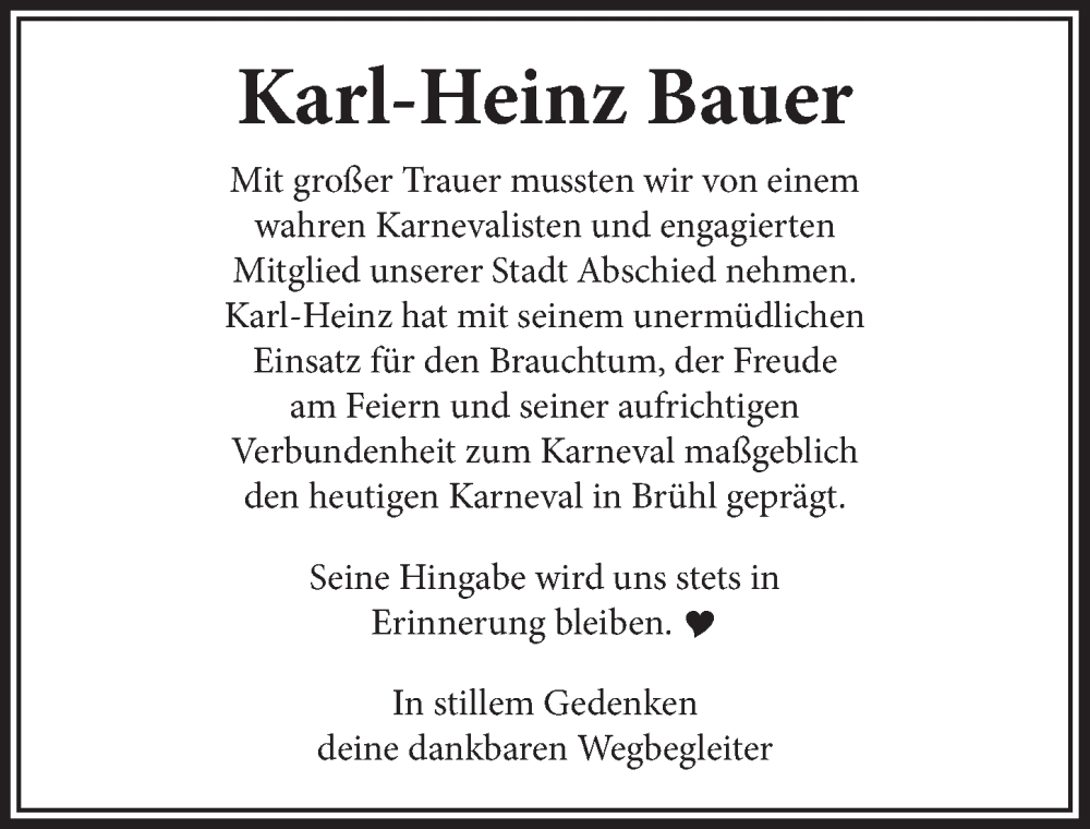  Traueranzeige für Karl-Heinz Bauer vom 26.04.2024 aus  Schlossbote/Werbekurier 