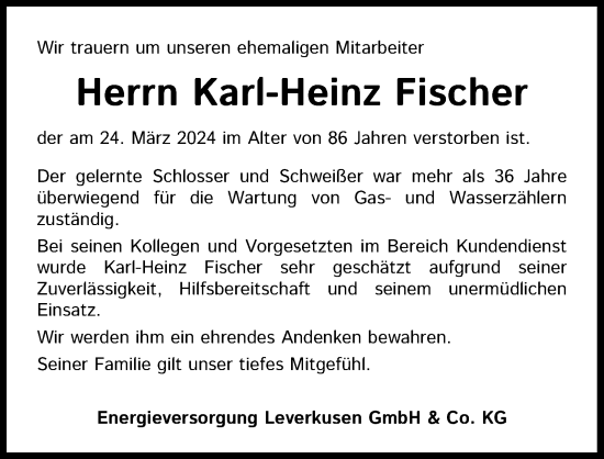 Anzeige von Karl-Heinz Fischer von Kölner Stadt-Anzeiger / Kölnische Rundschau / Express