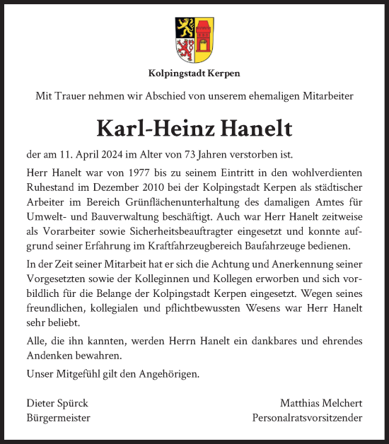 Anzeige von Karl-Heinz Hanelt von Kölner Stadt-Anzeiger / Kölnische Rundschau / Express