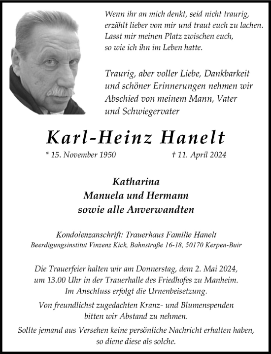 Anzeige von Karl-Heinz Hanelt von  Werbepost 