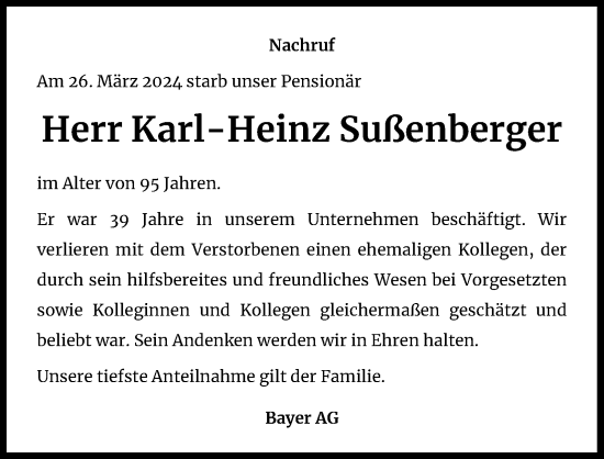 Anzeige von Karl-Heinz Sußenberger von Kölner Stadt-Anzeiger / Kölnische Rundschau / Express