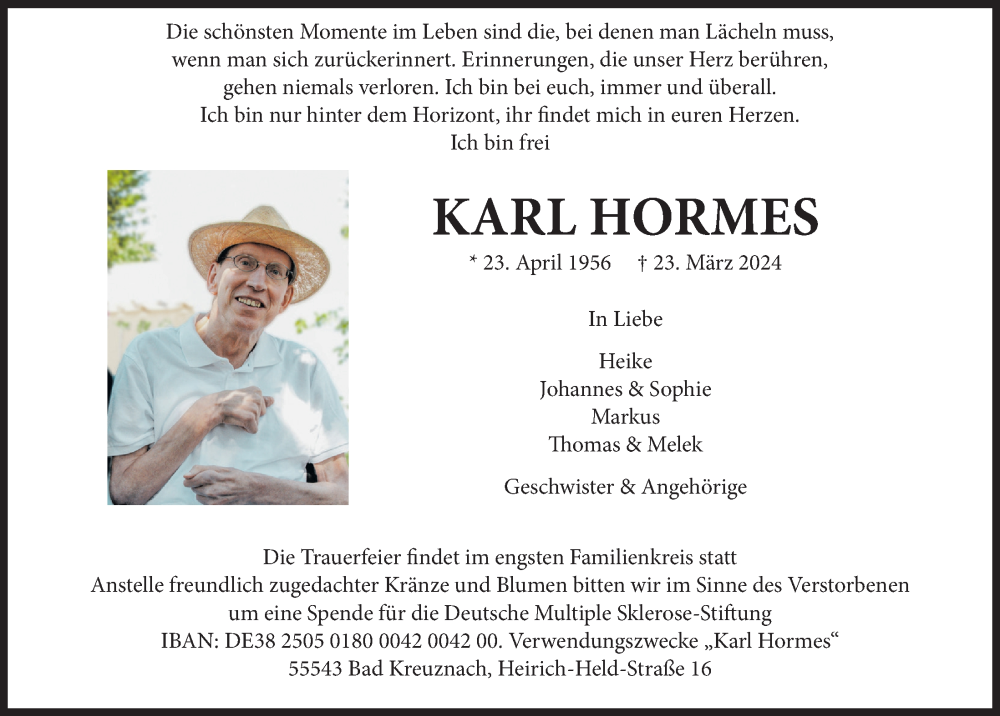  Traueranzeige für Karl Hormes vom 12.04.2024 aus  Werbepost 