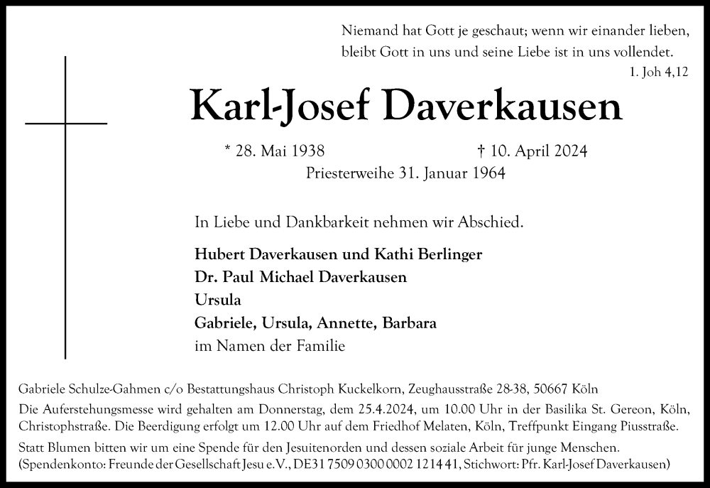  Traueranzeige für Karl-Josef Daverkausen vom 20.04.2024 aus Kölner Stadt-Anzeiger / Kölnische Rundschau / Express