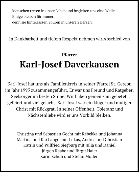 Anzeige von Karl-Josef Daverkausen von Kölner Stadt-Anzeiger / Kölnische Rundschau / Express