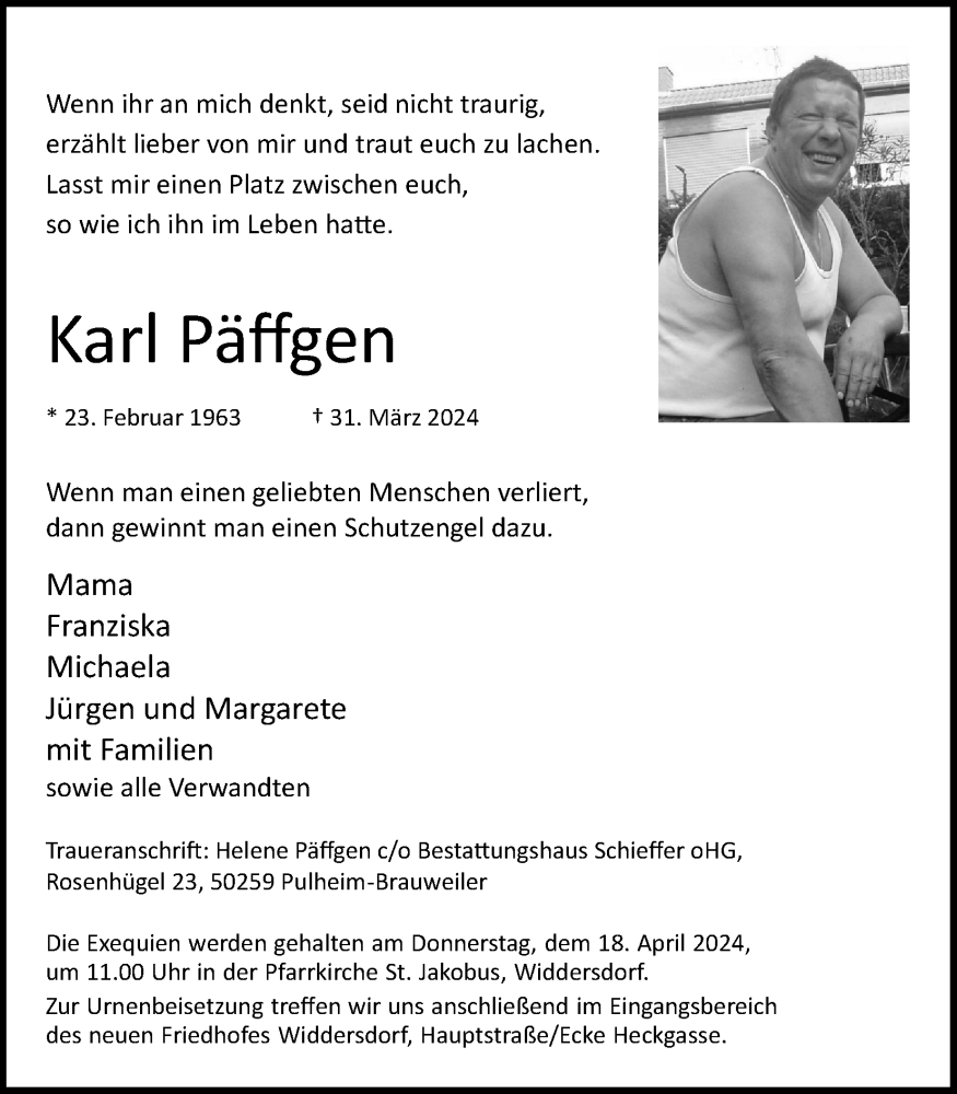  Traueranzeige für Karl Päffgen vom 13.04.2024 aus Kölner Stadt-Anzeiger / Kölnische Rundschau / Express