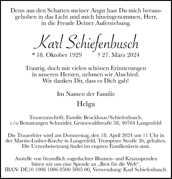 Anzeige von Karl Schiefenbusch von Kölner Stadt-Anzeiger / Kölnische Rundschau / Express
