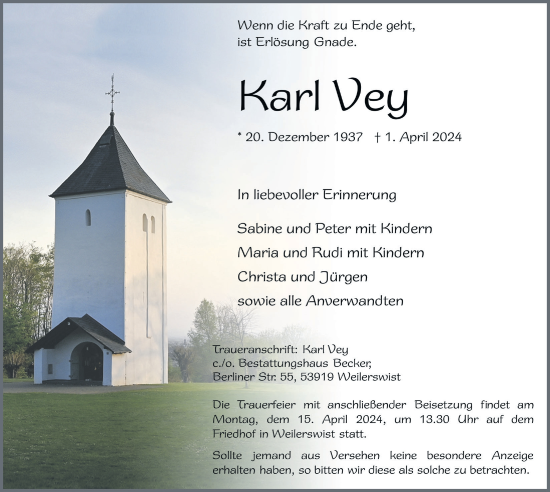 Anzeige von Karl Vey von  Blickpunkt Euskirchen 