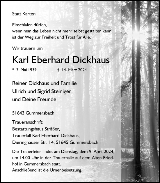 Anzeige von Karl Eberhard Dickhaus von Kölner Stadt-Anzeiger / Kölnische Rundschau / Express