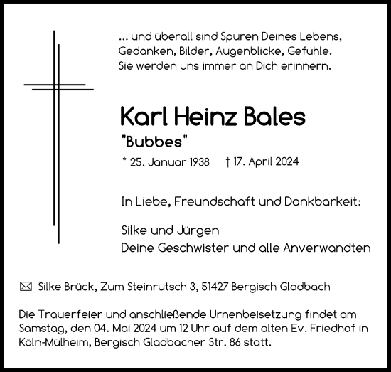 Anzeige von Karl Heinz Bales von Kölner Stadt-Anzeiger / Kölnische Rundschau / Express