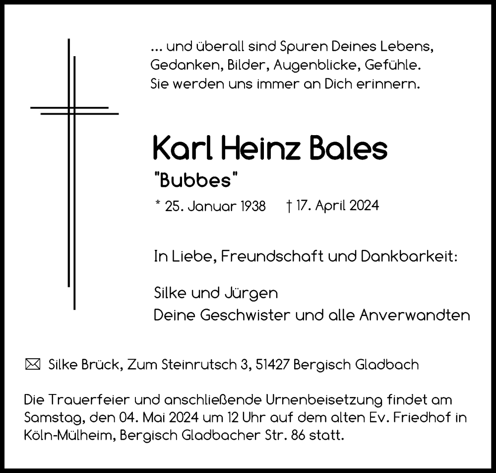  Traueranzeige für Karl Heinz Bales vom 27.04.2024 aus Kölner Stadt-Anzeiger / Kölnische Rundschau / Express