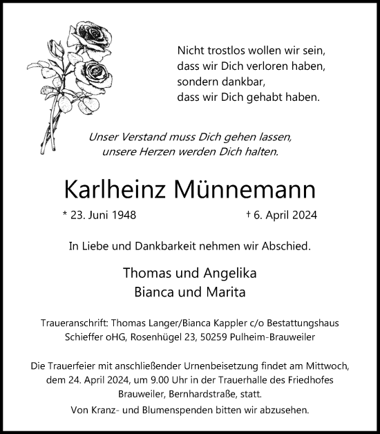 Anzeige von Karlheinz Münnemann von Kölner Stadt-Anzeiger / Kölnische Rundschau / Express