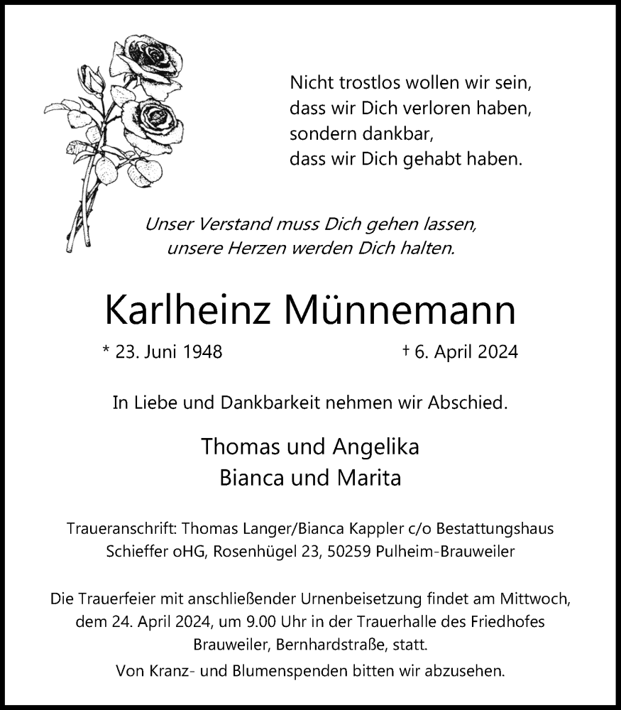  Traueranzeige für Karlheinz Münnemann vom 20.04.2024 aus Kölner Stadt-Anzeiger / Kölnische Rundschau / Express