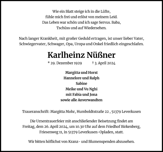 Anzeige von Karlheinz Nüßner von Kölner Stadt-Anzeiger / Kölnische Rundschau / Express