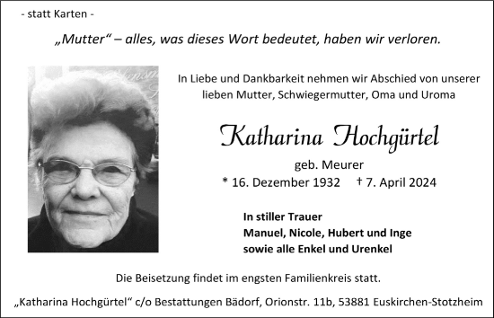 Anzeige von Katharina Hochgürtel von  Blickpunkt Euskirchen 