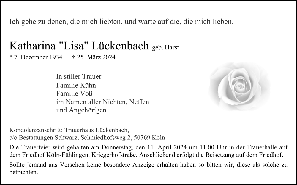  Traueranzeige für Katharina Lückenbach vom 06.04.2024 aus Kölner Stadt-Anzeiger / Kölnische Rundschau / Express