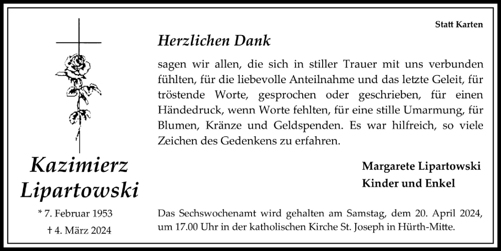  Traueranzeige für Kazimierz Lipartowski vom 05.04.2024 aus  Wochenende 