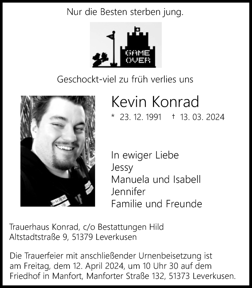  Traueranzeige für Kevin Konrad vom 30.03.2024 aus Kölner Stadt-Anzeiger / Kölnische Rundschau / Express