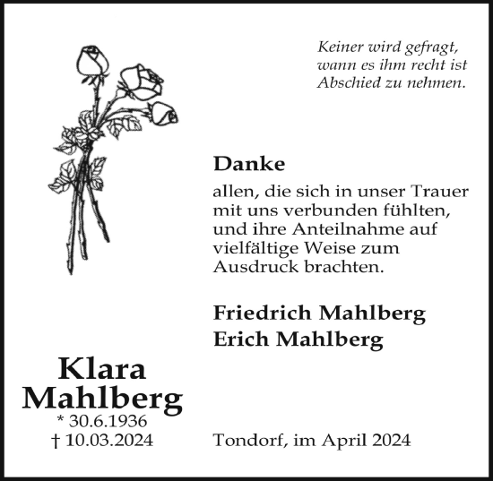 Anzeige von Klara Mahlberg von  Schaufenster/Blickpunkt  Schlossbote/Werbekurier 