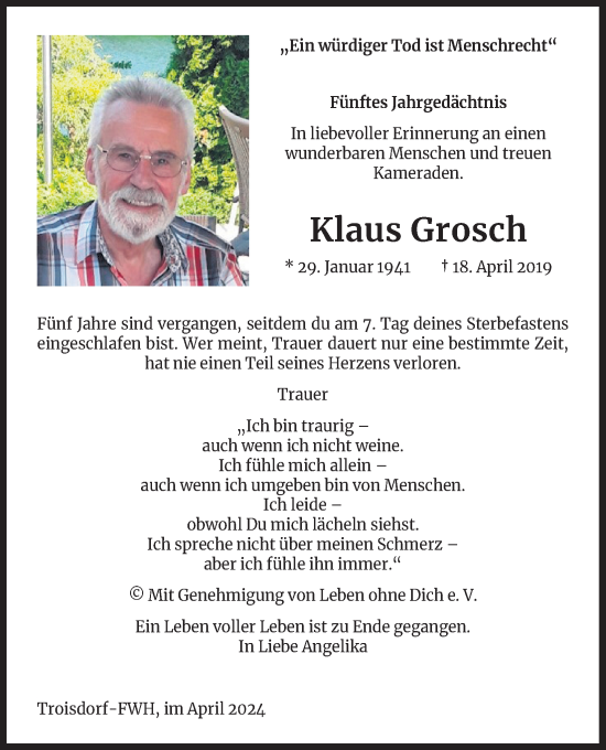 Anzeige von Klaus Grosch von Kölner Stadt-Anzeiger / Kölnische Rundschau / Express