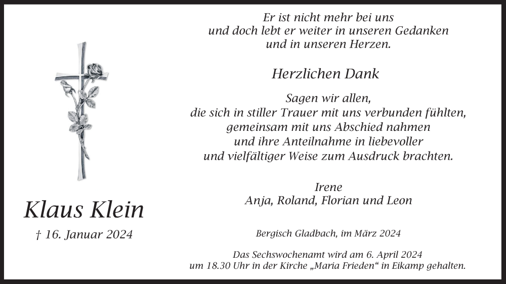  Traueranzeige für Klaus Klein vom 30.03.2024 aus Kölner Stadt-Anzeiger / Kölnische Rundschau / Express