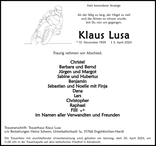 Anzeige von Klaus Lusa von Kölner Stadt-Anzeiger / Kölnische Rundschau / Express
