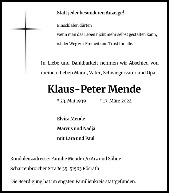 Anzeige von Klaus-Peter Mende von Kölner Stadt-Anzeiger / Kölnische Rundschau / Express